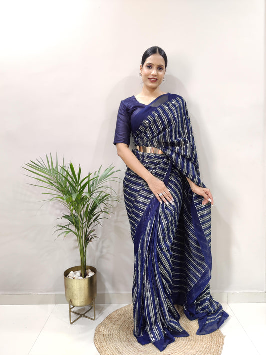 Awesome Georgette Sequins Work Blue Color Ready To Wear Saree