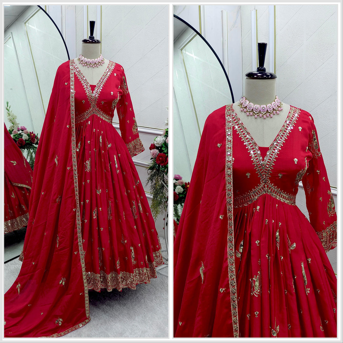 Wedding & Party Wear Pink Color Gown With Dupatta Set