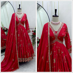 Wedding & Party Wear Pink Color Gown With Dupatta Set