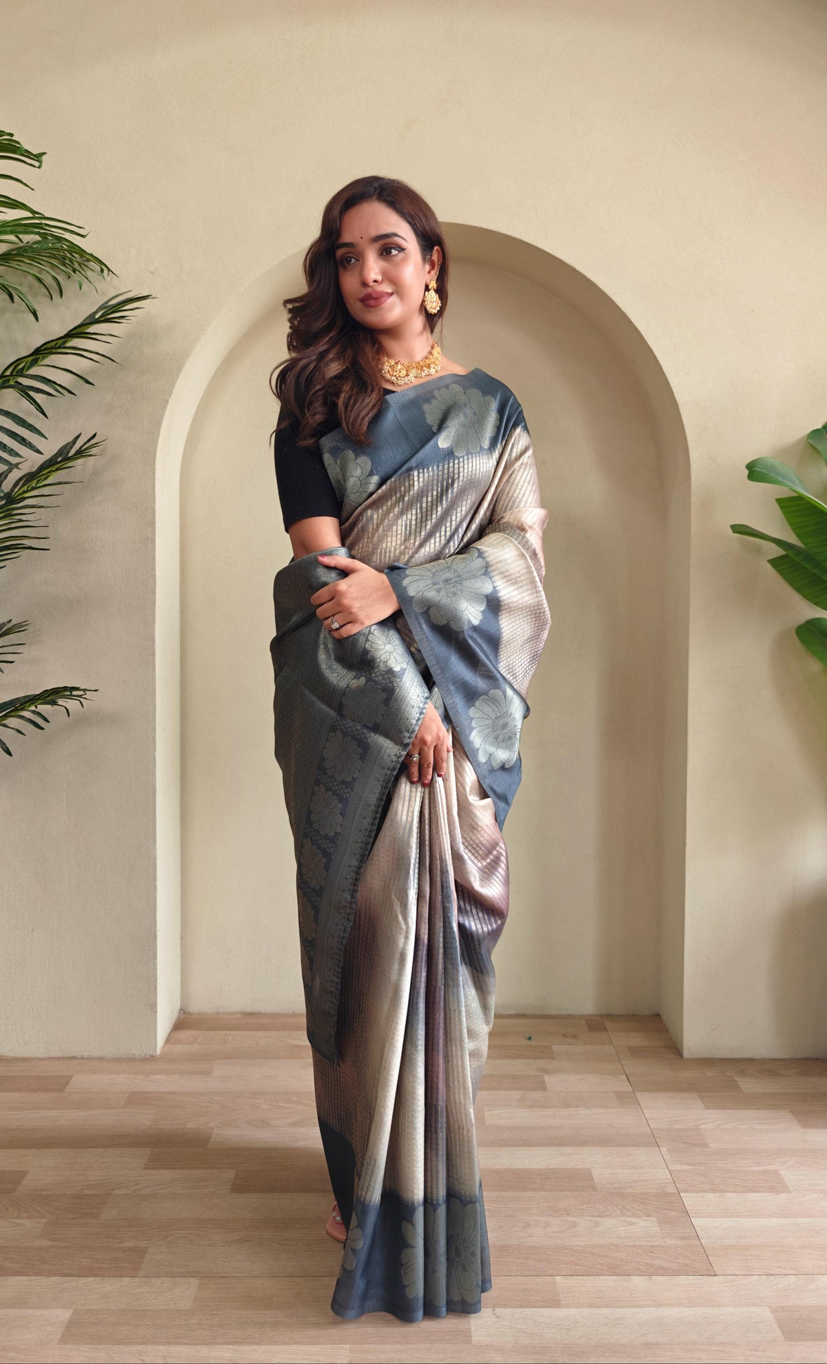 Wonderful Grey Color Flower Print Silk Saree