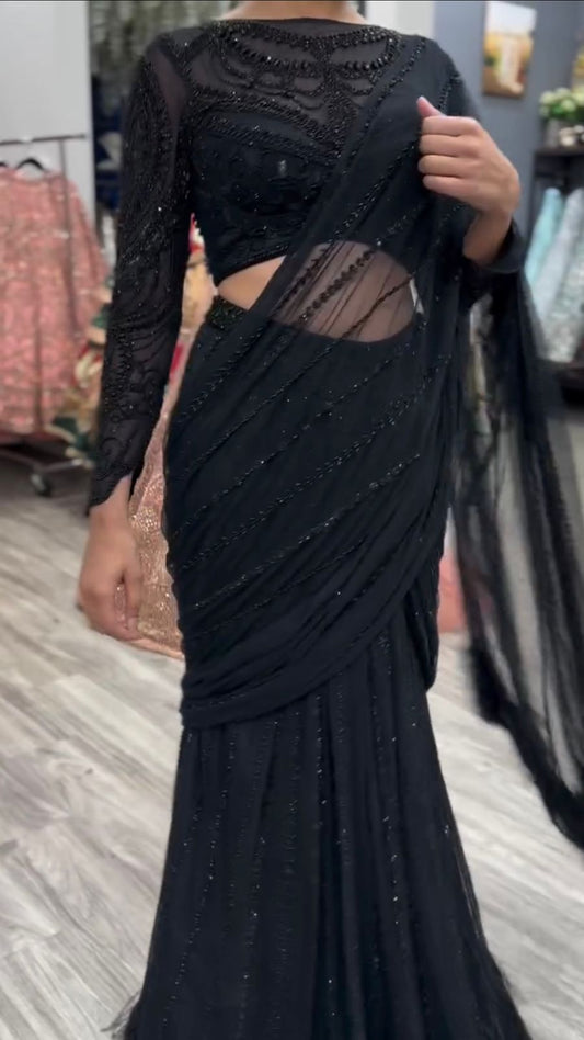 Black Color Embroidery Work Stylish Lehenga Saree