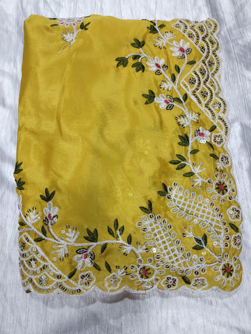 Amazing Thread Work Yellow Color Silk Saree