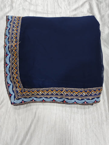 Elegant Navy Blue Georgette with Embroidery Work Saree