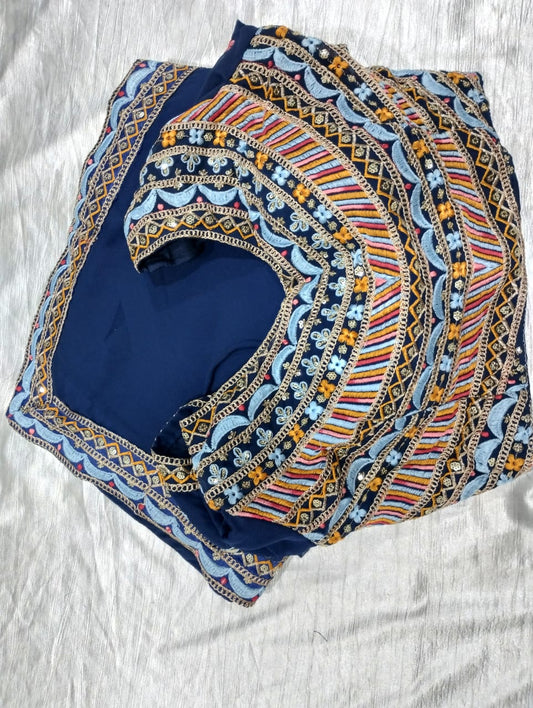 Elegant Navy Blue Georgette with Embroidery Work Saree