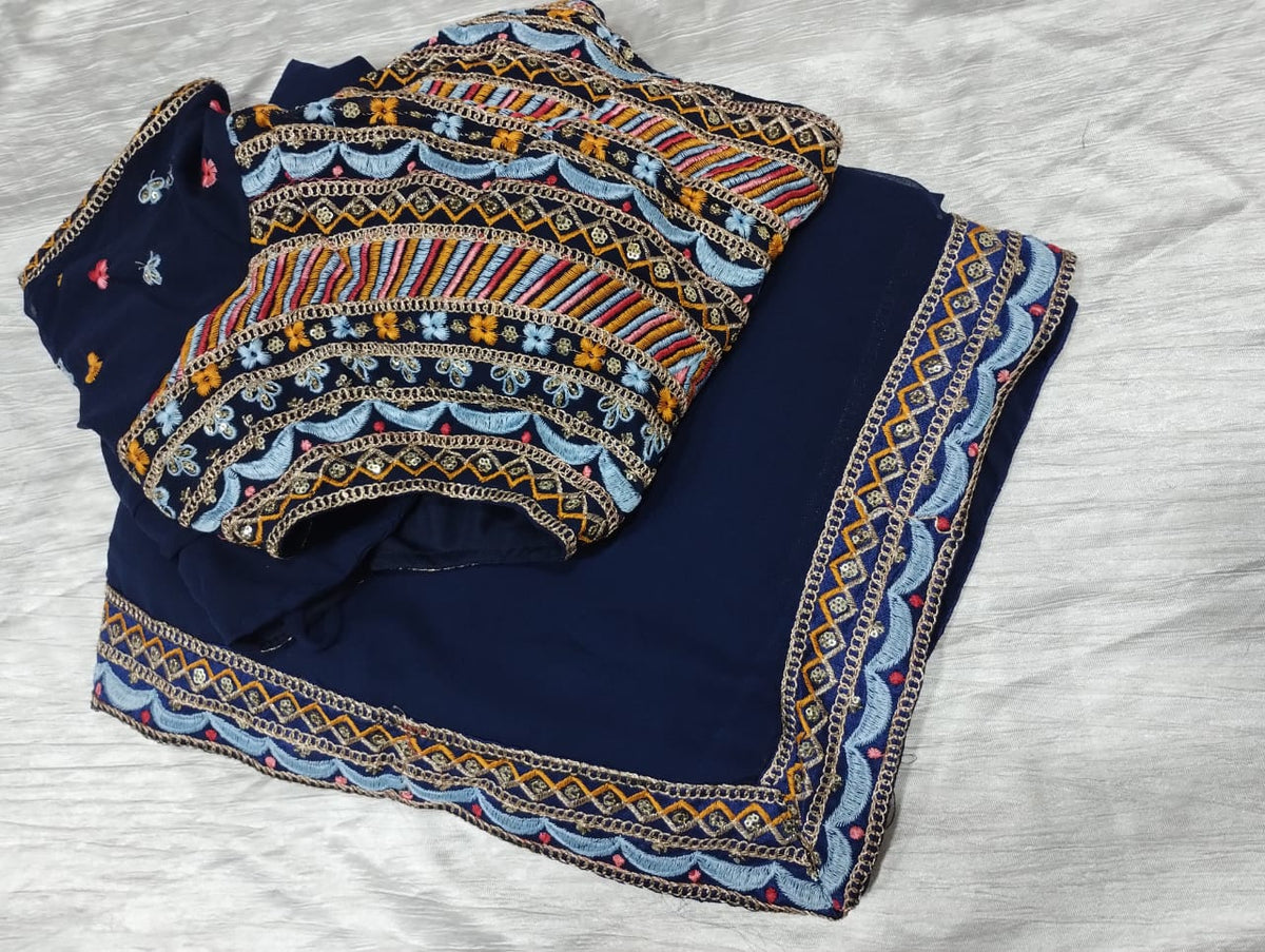 Elegant Navy Blue Georgette with Embroidery Work Saree