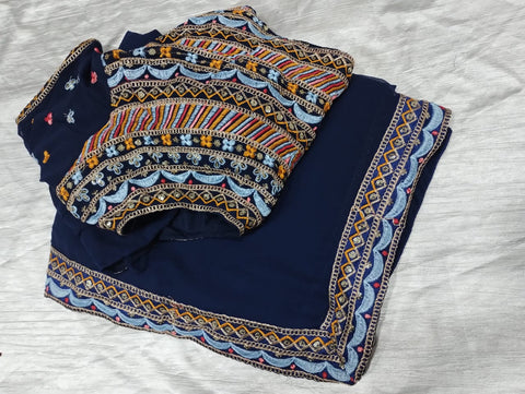 Elegant Navy Blue Georgette with Embroidery Work Saree