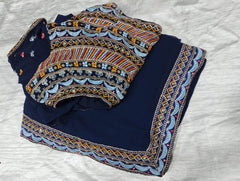 Elegant Navy Blue Georgette with Embroidery Work Saree