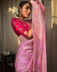 Wedding Wear Jacquard Work Pink Lichi Silk Saree