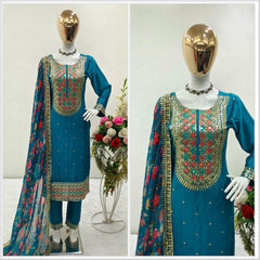 Superhit Teal Blue Color Embroidery Work Salwar Suit