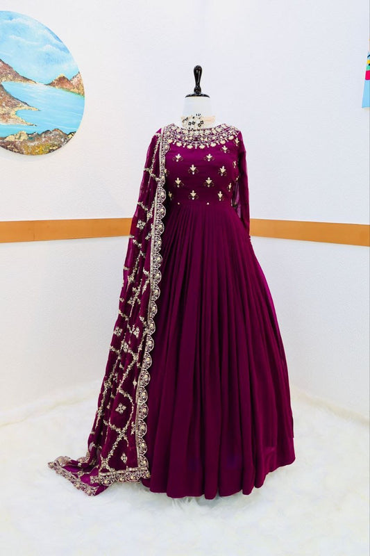 Fabulous Sequence Embroidery Work Wine Color Gown