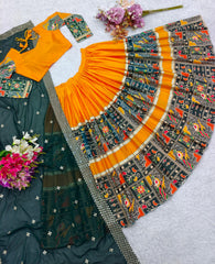 Unique Cotton Orange With Green Lehenga Choli