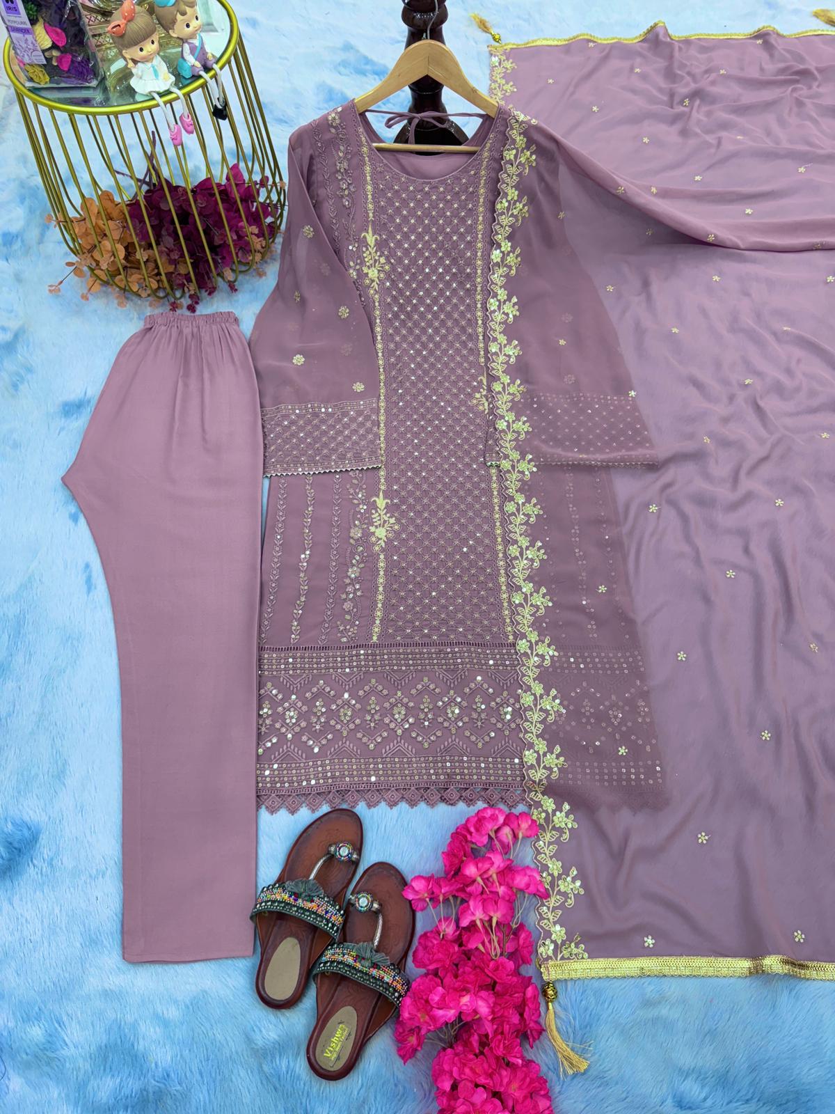 Wedding Wear Dusty Pink Georgette Top Bottom & Dupatta Set