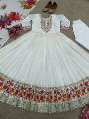 Imposing White Color Embroidery Work Anarkali Gown