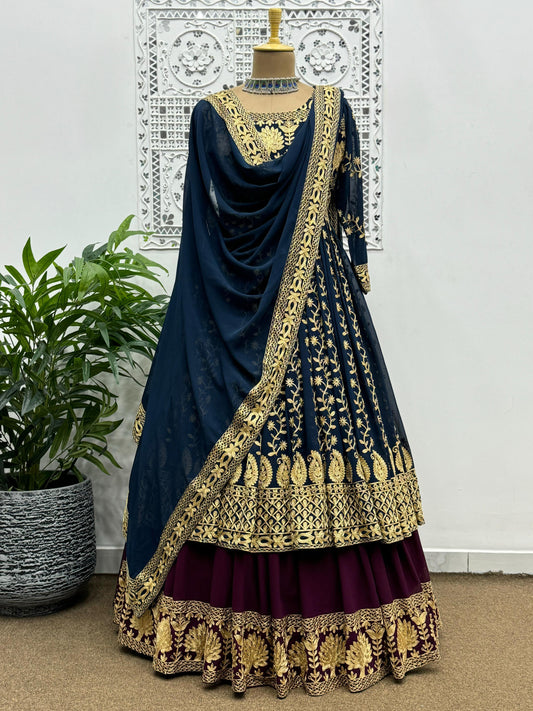 Pakistani Wear Blue With Maroon Color Georgette Lehenga With Gown