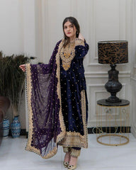 Fantastic Navy Blue Color Velvet Embroidery Work Salwar Suit