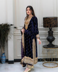 Fantastic Navy Blue Color Velvet Embroidery Work Salwar Suit