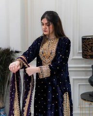 Fantastic Navy Blue Color Velvet Embroidery Work Salwar Suit