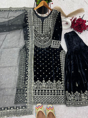 Fantastic Velvet Sequence Work Black Color Top With Plazzo Suit