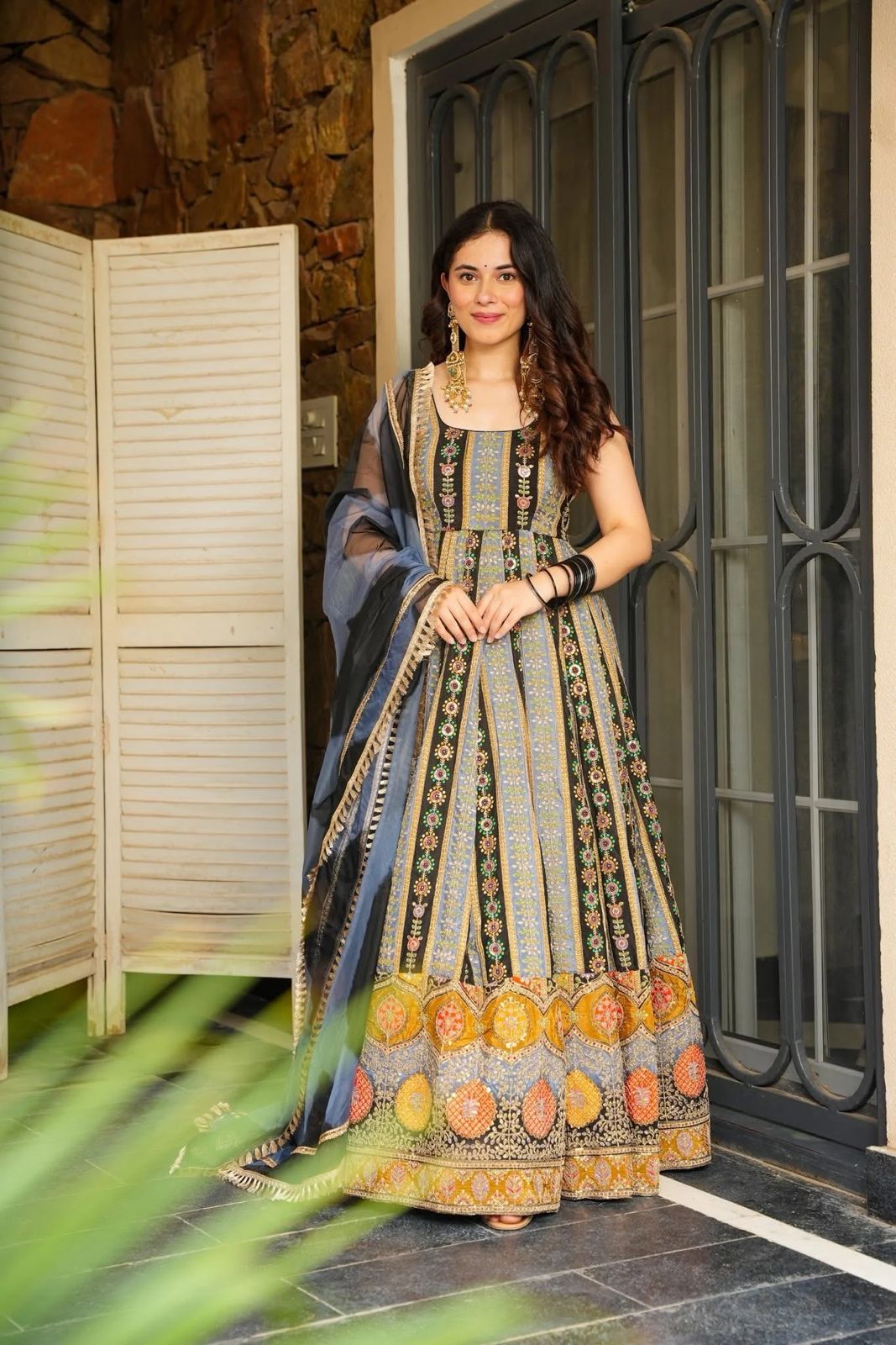 Stylish Multi Color Organza Digital Work Gown