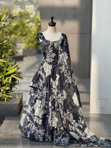 Exclusive Black Organza Embroidery Sequence Work Lehenga