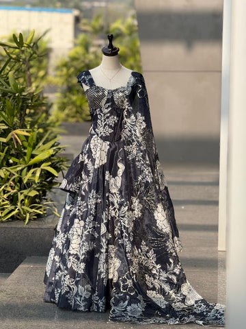 Exclusive Black Organza Embroidery Sequence Work Lehenga