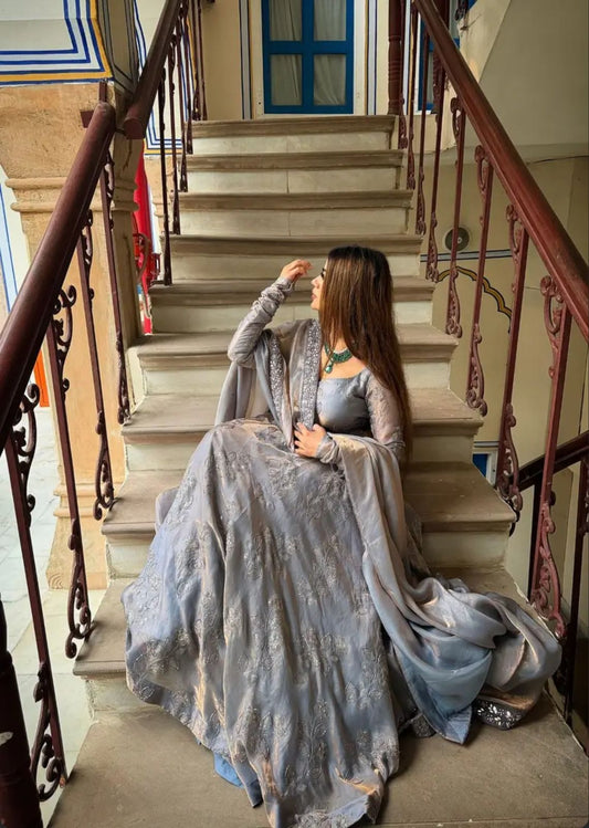 Lovely Grey Heavy Fandy Silk Embroidery Anarkali Suit