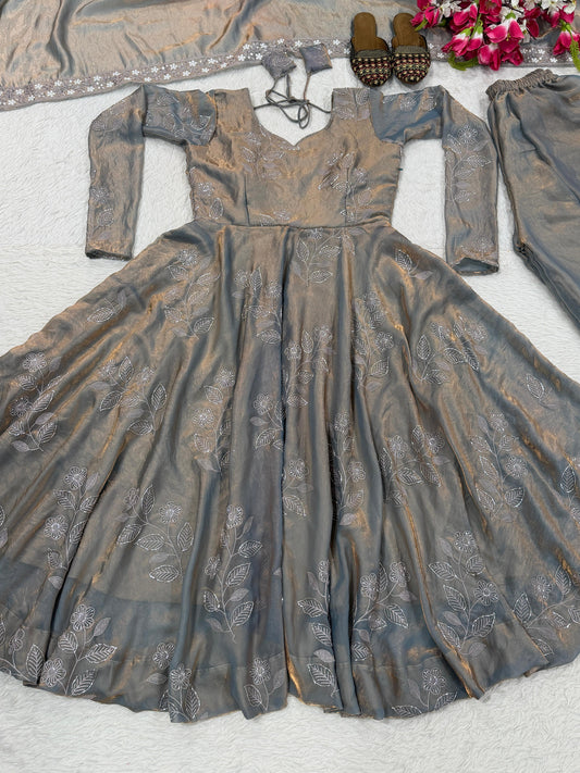 Lovely Grey Heavy Fandy Silk Embroidery Anarkali Suit