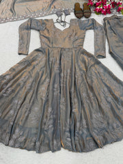 Lovely Grey Heavy Fandy Silk Embroidery Anarkali Suit