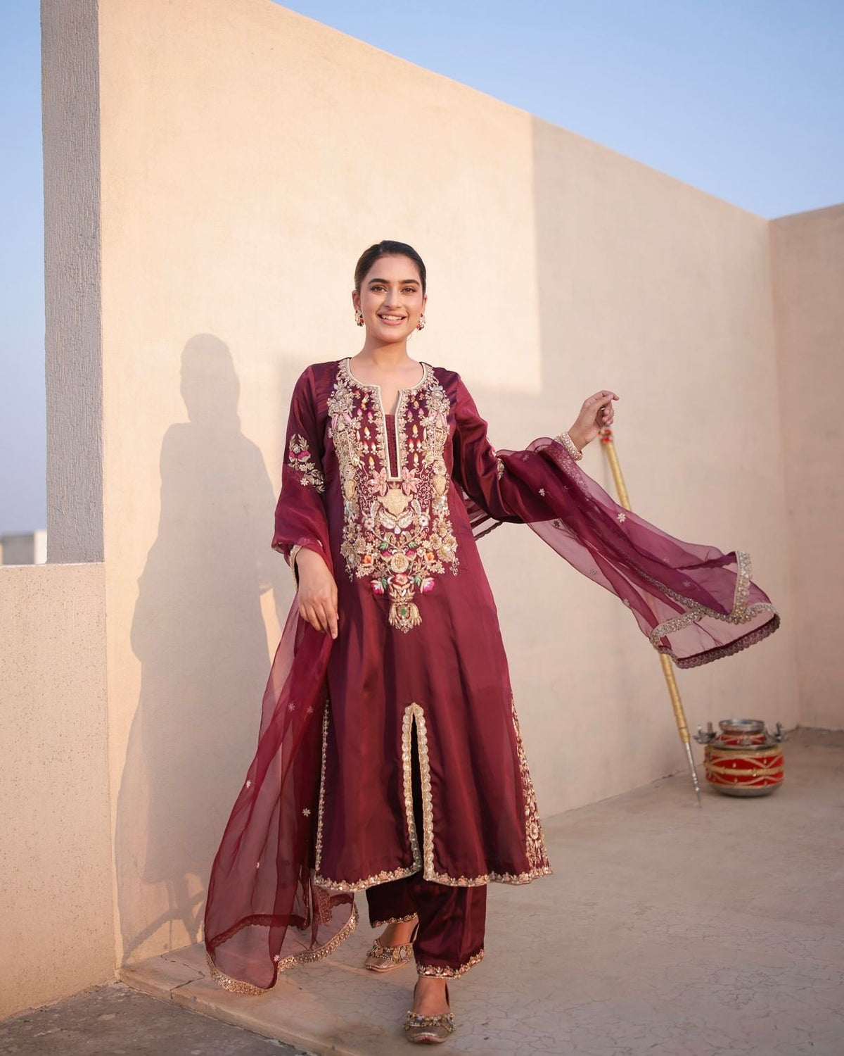 Delightful Maroon Satin Silk Embroidered Palazzo Set