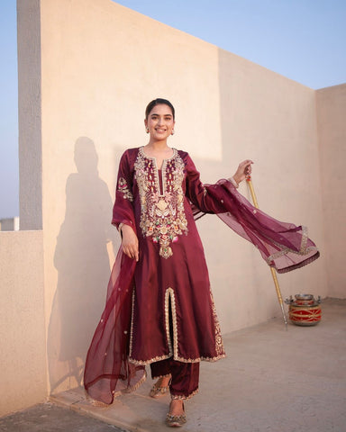 Delightful Maroon Satin Silk Embroidered Palazzo Set