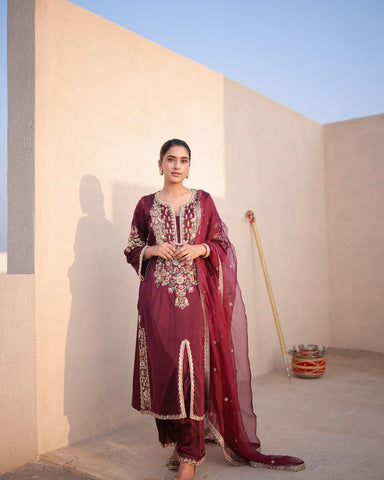 Delightful Maroon Satin Silk Embroidered Palazzo Set