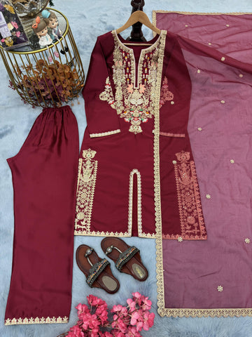 Delightful Maroon Satin Silk Embroidered Palazzo Set