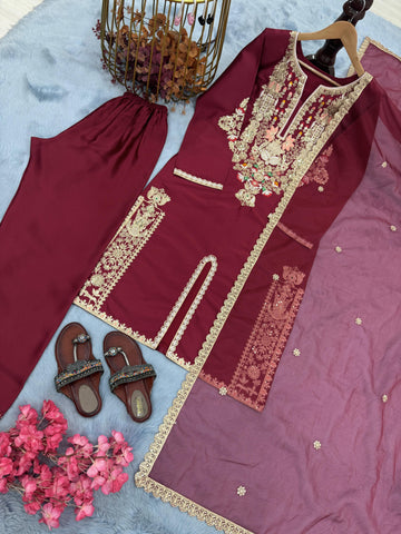 Delightful Maroon Satin Silk Embroidered Palazzo Set