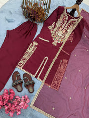 Delightful Maroon Satin Silk Embroidered Palazzo Set