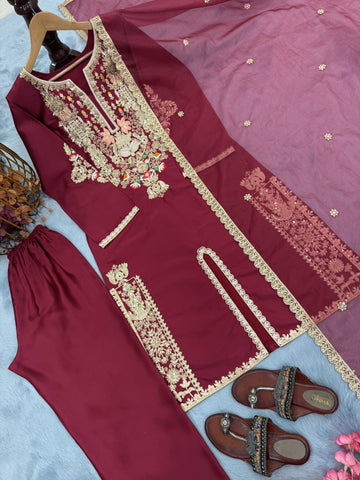 Delightful Maroon Satin Silk Embroidered Palazzo Set