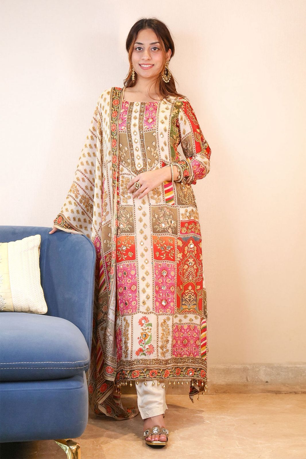Multi Color Chinon Silk Digital Printed Straight Salwar Suit