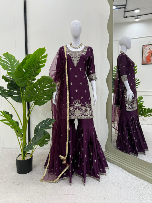 Delightful Wine Color Sequence Work Sharara Suit