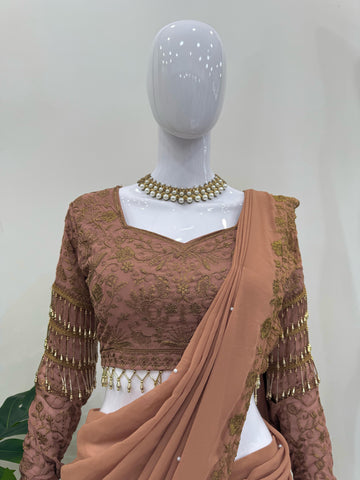 Party Wear Chiku Color Heavy Lehenga Saree