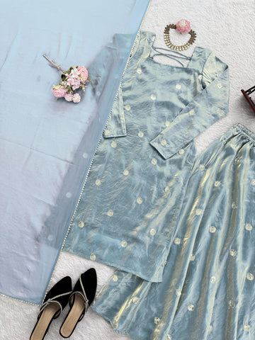 Daisy Sky Blue Silk With Sequence Work Palazzo Suit
