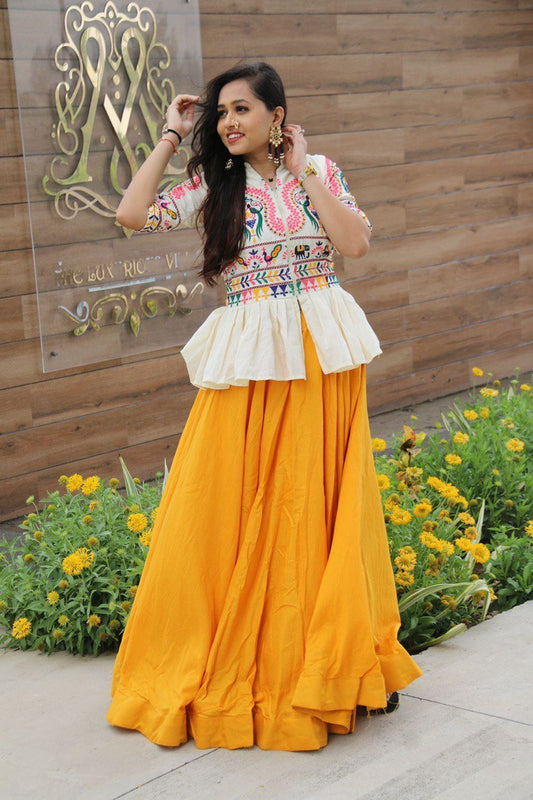 Pretty Yellow Cotton Embroidery Work Lehenga