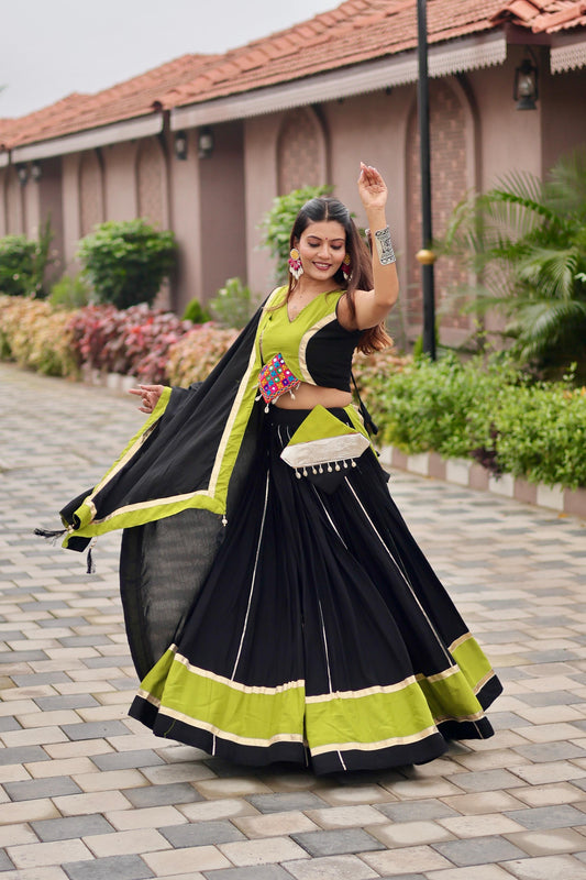 Navratri Festival Black Cotton Gamthi Work Lehenga Choli