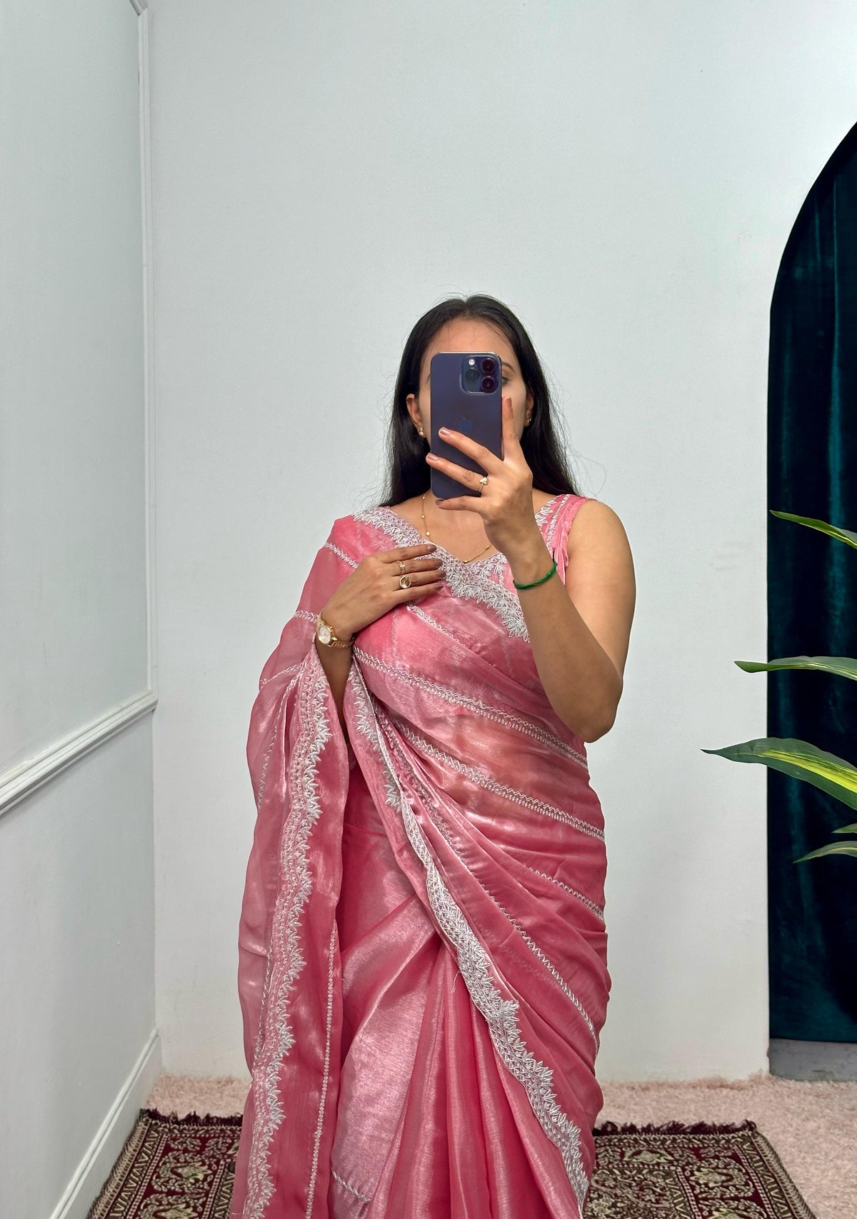 Peaceful Embroidery Zari Work Pink Color Saree