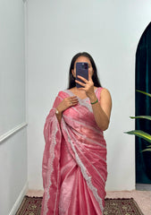 Peaceful Embroidery Zari Work Pink Color Saree