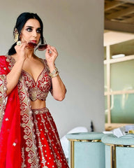 Occasion Wear Malai Satin Red Color Bridal Lehenga Choli