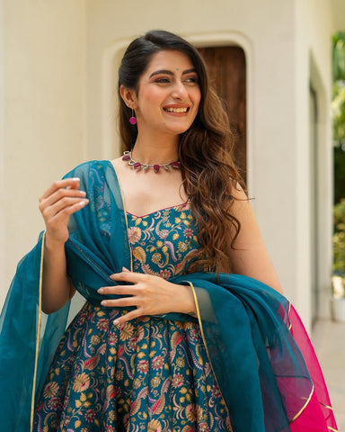 Lovely Teal Blue Organza Digital Printed Gown
