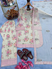 Punjabi Style Off White Color Flower Printed Palazzo Suit