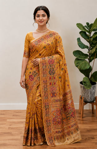 Beautiful Musterd Pashmina Silk Rajwadi Work Saree