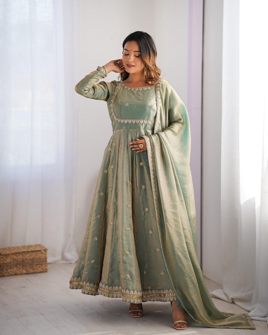 Shining Sequence Work Green Color Silk Gown