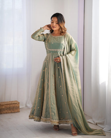 Shining Sequence Work Green Color Silk Gown