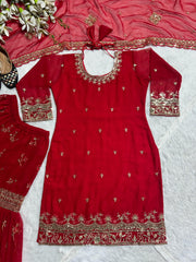 Decent Red Color Embroidery Work Sharara Suit